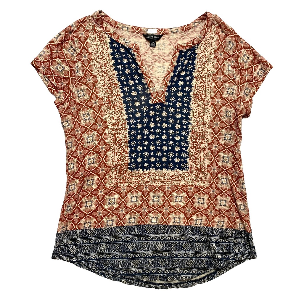Lucky Brand Top Womens Small Petite Red Blue Short Sleeve V-Neck Boho